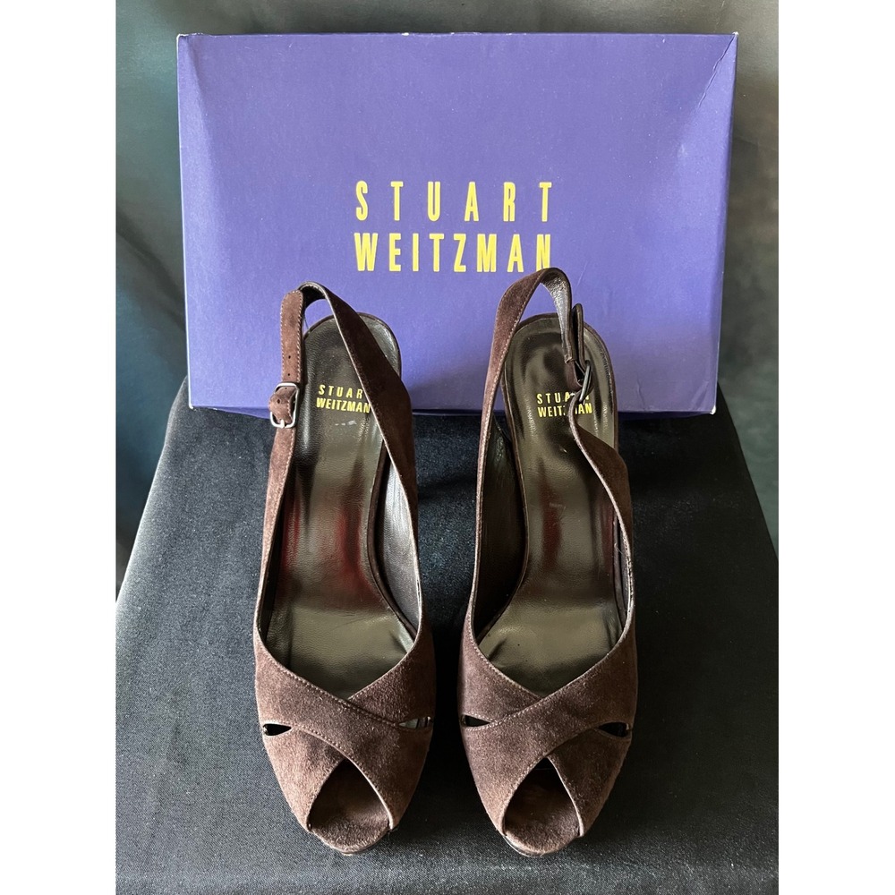 Stuart Weitzman Slingback Heels Brown Suede Leather Platform Peep‎ Toe